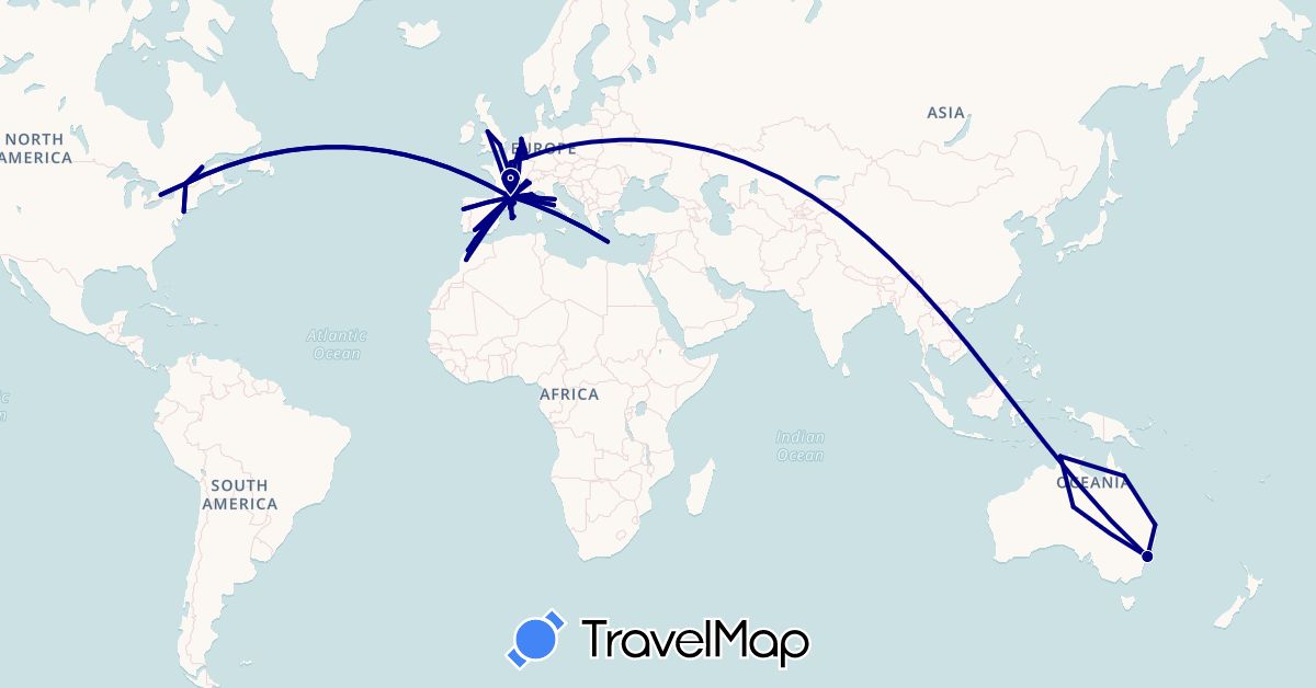 TravelMap itinerary: driving in Australia, Belgium, Canada, Spain, France, United Kingdom, Greece, Italy, Luxembourg, Morocco, Netherlands, Portugal, United States (Africa, Europe, North America, Oceania)